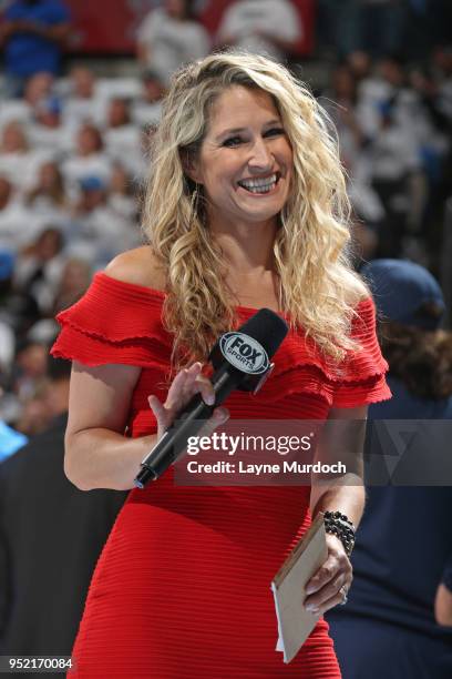 Sports Broadcaster Lesley McCaslin looks on after Game Five of Round One of the 2018 NBA Playoffs between the Utah Jazz and Oklahoma City Thunder on...