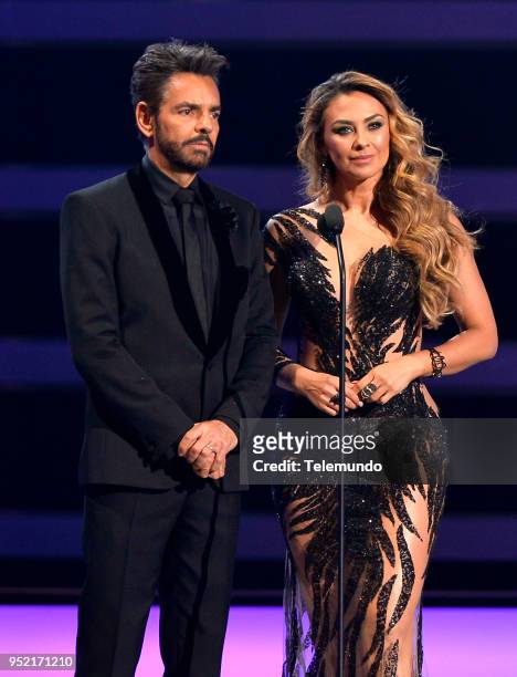 Pictured: Eugenio Derbez and Aracely Arambula speak on stage at the Mandalay Bay Resort and Casino in Las Vegas, NV on April 26, 2018 --