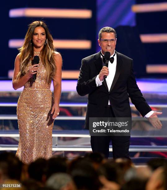 Pictured: Gaby Espino and Marco Antonio Regil speak on stage at the Mandalay Bay Resort and Casino in Las Vegas, NV on April 26, 2018 --