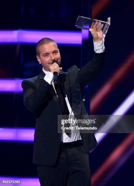 Pictured: J Balvin accepts the award for Latin Rhythm on stage at the Mandalay Bay Resort and Casino in Las Vegas, NV on April 26, 2018 --