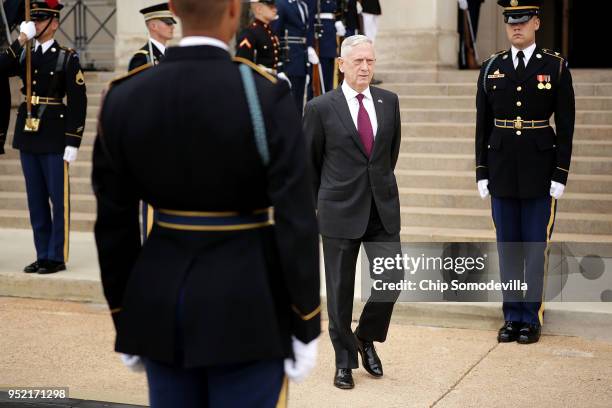 Defense Secretary James Mattis awaits the arrival of Polish Defense Minister Mariusz Blaszczak at the Pentagon River Entrance April 27, 2018 in...