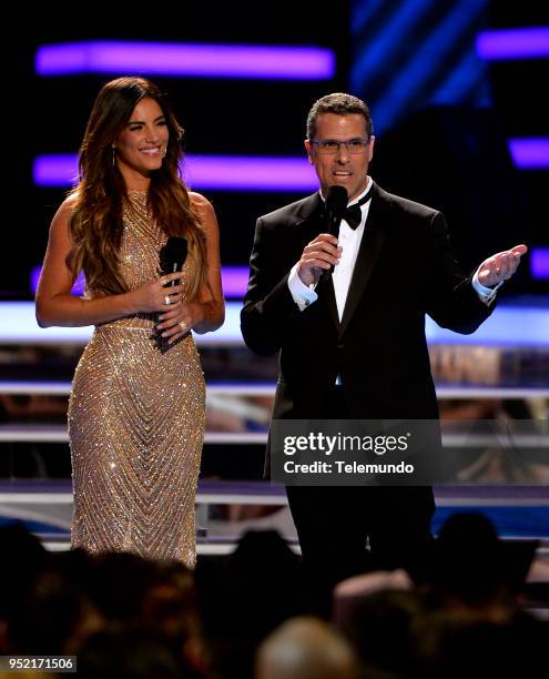 Pictured: Gaby Espino and Marco Antonio Regil speak on stage at the Mandalay Bay Resort and Casino in Las Vegas, NV on April 26, 2018 --