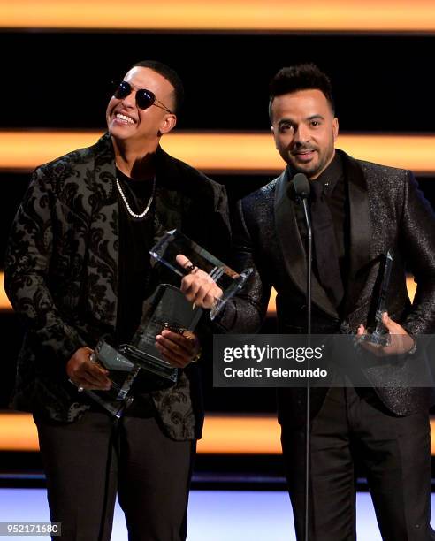 Pictured: Daddy Yankee and Luis Fonsi accept the award for Latin Pop Song of the Year on stage at the Mandalay Bay Resort and Casino in Las Vegas, NV...