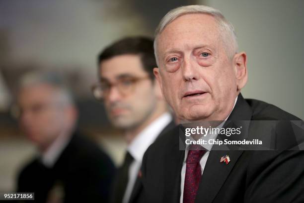 Defense Secretary James Mattis answers reporters' questions about peace meetings between North and South Korea during a meeting with Polish Defense...