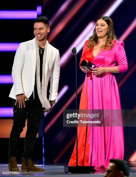 Pictured: Reykon and Yuridia speak on stage at the Mandalay Bay Resort and Casino in Las Vegas, NV on April 26, 2018 --