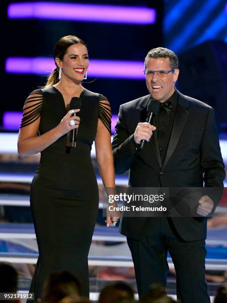 Pictured: Gaby Espino and Marco Antonio Regil speak on stage at the Mandalay Bay Resort and Casino in Las Vegas, NV on April 26, 2018 --