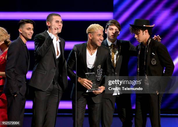 Pictured: Erick Brian Colon, Zabdiel De Jesus, Richard Camacho, Christopher Velez, and Joel Pimentel of CNCO accept the award for Latin Pop Group of...