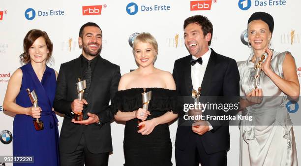 Winners Lena Schoemann, Elyas M'Barek, Jella Haase, Bora Dagtekin and Katja Riemann during the Lola - German Film Award winners board at Messe Berlin...