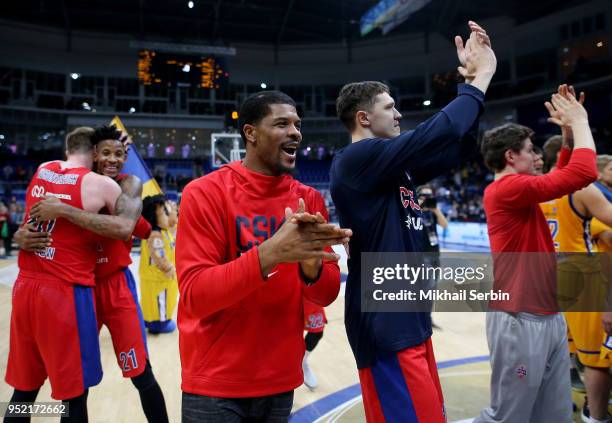 Kyle Hines, #42 and Semen Antonov, #11 of CSKA Moscow after the Turkish Airlines Euroleague Play Offs Game 4 between Khimki Moscow Region v CSKA...