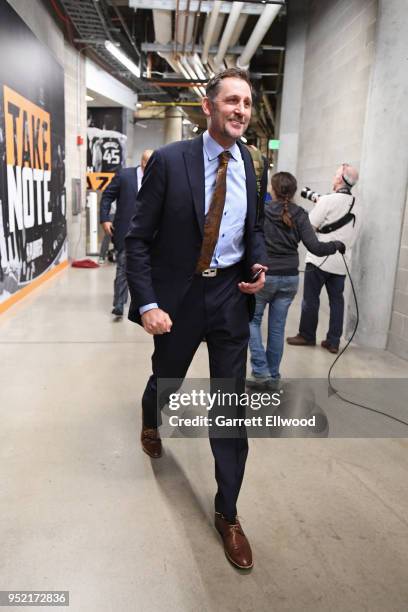 Former Player and announcer Brent Barry arrives to the arena prior to Game Four of Round One of the 2018 NBA Playoffs between the Utah Jazz and...