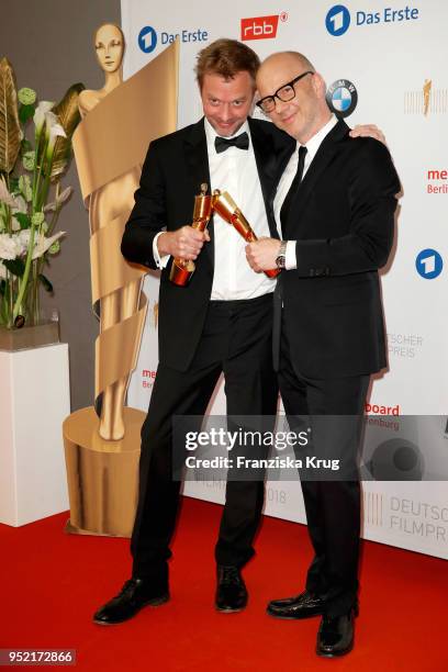 Winners Julian Maas and Christoph M. Kaiser during the Lola - German Film Award winners board at Messe Berlin on April 27, 2018 in Berlin, Germany.