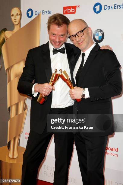 Winners Julian Maas and Christoph M. Kaiser during the Lola - German Film Award winners board at Messe Berlin on April 27, 2018 in Berlin, Germany.