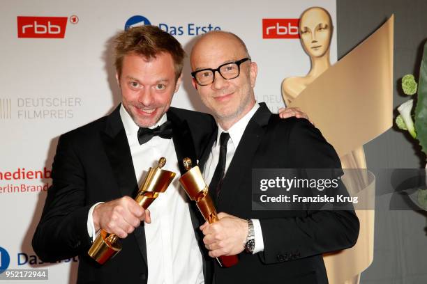 Winners Julian Maas and Christoph M. Kaiser during the Lola - German Film Award winners board at Messe Berlin on April 27, 2018 in Berlin, Germany.