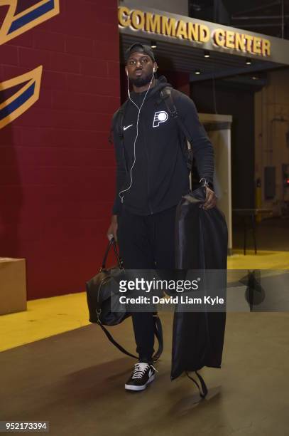 Alex Poythress of the Indiana Pacers arrives at the stadium before the game against the Cleveland Cavaliers in Game Five of Round One of the 2018 NBA...