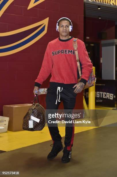 Joe Young of the Indiana Pacers arrives at the stadium before the game against the Cleveland Cavaliers in Game Five of Round One of the 2018 NBA...