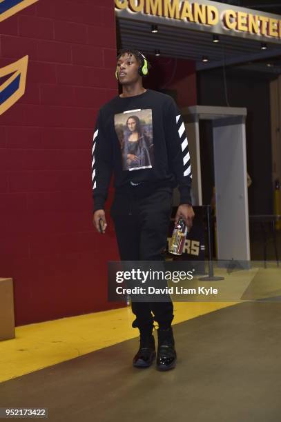 Myles Turner of the Indiana Pacers arrives at the stadium before the game against the Cleveland Cavaliers in Game Five of Round One of the 2018 NBA...