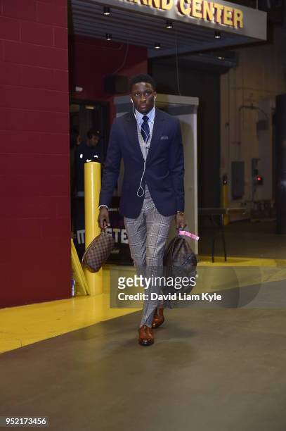 Victor Oladipo of the Indiana Pacers arrives at the stadium before the game against the Cleveland Cavaliers in Game Five of Round One of the 2018 NBA...