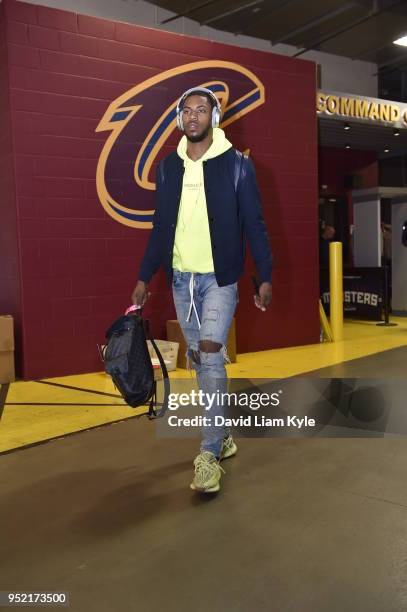 Glenn Robinson III of the Indiana Pacers arrives at the stadium before the game against the Cleveland Cavaliers in Game Five of Round One of the 2018...