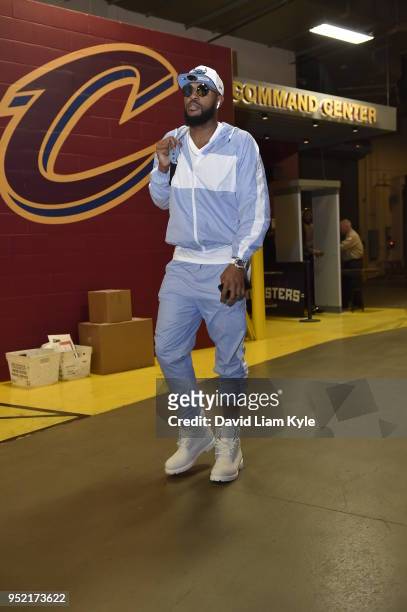 Trevor Booker of the Indiana Pacers arrives at the stadium before the game against the Cleveland Cavaliers in Game Five of Round One of the 2018 NBA...