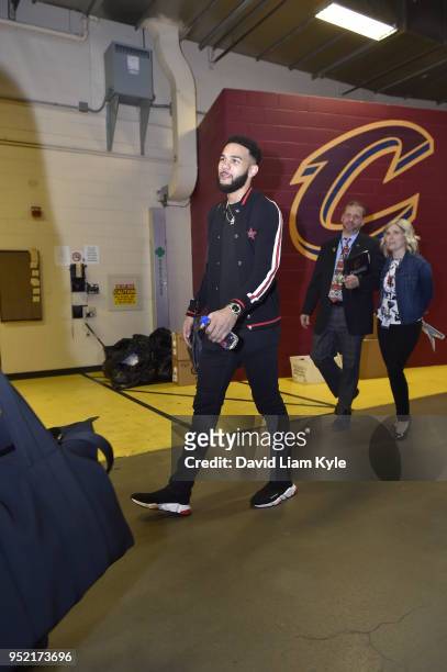Cory Joseph of the Indiana Pacers arrives at the stadium before the game against the Cleveland Cavaliers in Game Five of Round One of the 2018 NBA...