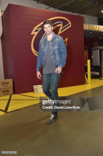 Kyle Korver of the Cleveland Cavaliers arrives at the stadium before the game against the Indiana Pacers in Game Five of Round One of the 2018 NBA...