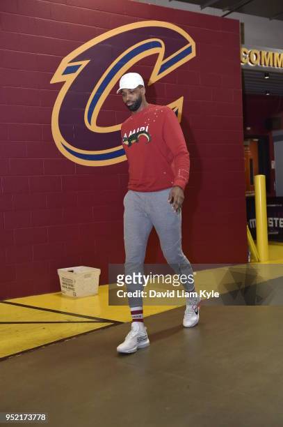 Tristan Thompson of the Cleveland Cavaliers arrives at the stadium before the game against the Indiana Pacers in Game Five of Round One of the 2018...