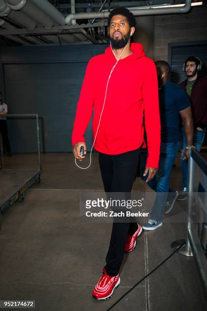 Paul George of the Oklahoma City Thunder arrives at the arena before Game Four of Round One of the 2018 NBA Playoffs against the Utah Jazz on April...