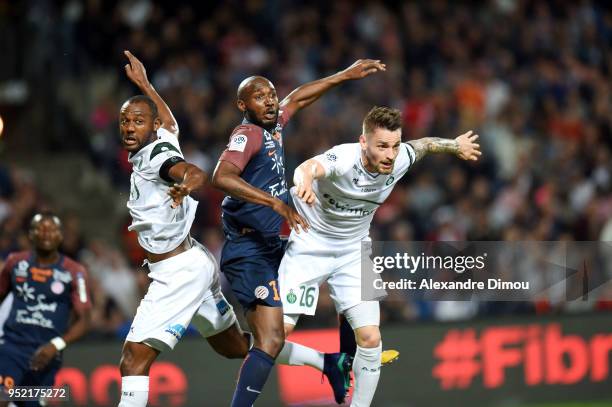 Giovanni Sio of Montpellier and Kevin Theophile Catherine and Mathieu Debuchy of Saint Etienne during the Ligue 1 match between Montpellier Herault...