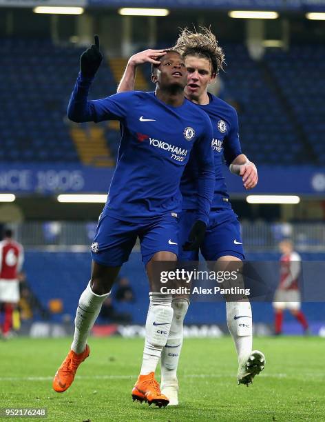 Daishawn Redan of Chelsea celebrates after scoring his sides first goal during the FA Youth Cup Final first leg match between Chelsea and Arsenal at...
