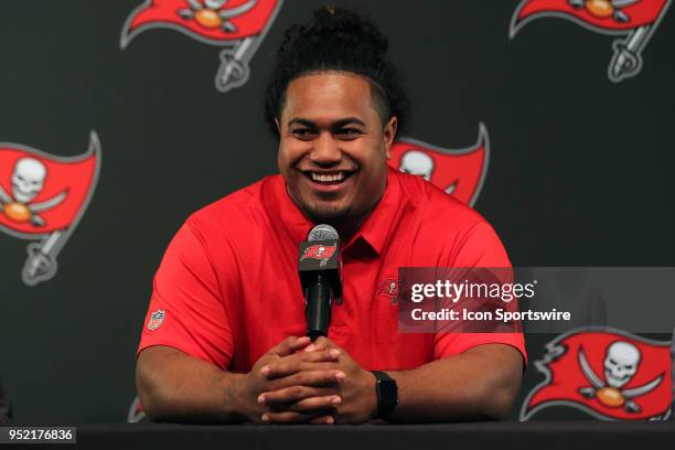 Tampa Bay Buccaneers first round pick out of University of Washington Vita Vea speaks to the gathered media on April 27, 2018 at One Buccaneer Place...