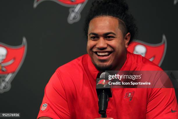 Tampa Bay Buccaneers first round pick out of University of Washington Vita Vea speaks to the gathered media on April 27, 2018 at One Buccaneer Place...