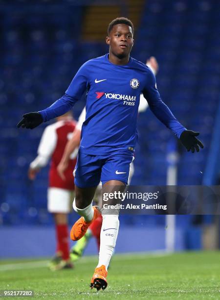 Daishawn Redan of Chelsea celebrates after scoring his sides first goal during the FA Youth Cup Final first leg match between Chelsea and Arsenal at...
