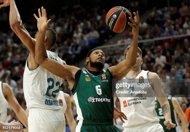 Adreian Payne of Panathinaikos Superfoods in action against Walter Edy Tavares of Real Madrid during Turkish Airlines Euroleague play-off Quarter...