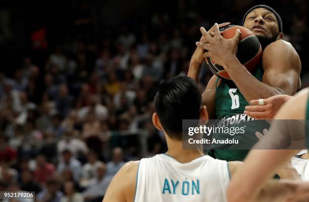 Adreian Payne of Panathinaikos Superfoods in action against Gustavo Ayon of Real Madrid during Turkish Airlines Euroleague play-off Quarter Final 4th...