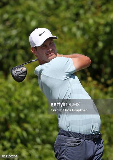 Harris English plays his shot from the second tee during the second round of the Zurich Classic at TPC Louisiana on April 27, 2018 in Avondale,...