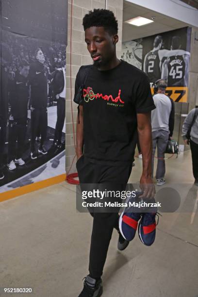 Daniel Hamilton of the Oklahoma City Thunder arrives to the arena prior to Game Four of Round One of the 2018 NBA Playoffs against the Utah Jazz on...