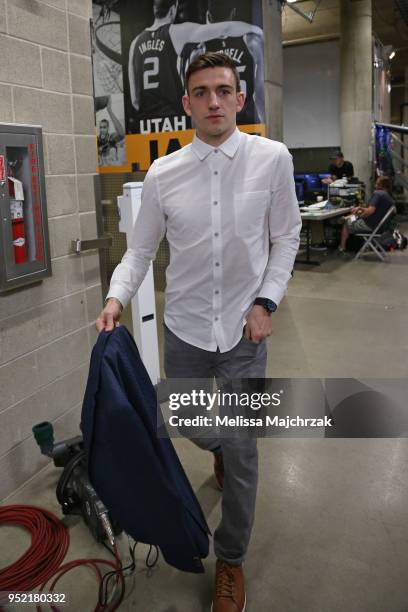 David Stockton of the Utah Jazz arrives to the arena prior to Game Four of Round One of the 2018 NBA Playoffs against the Oklahoma City Thunder on...