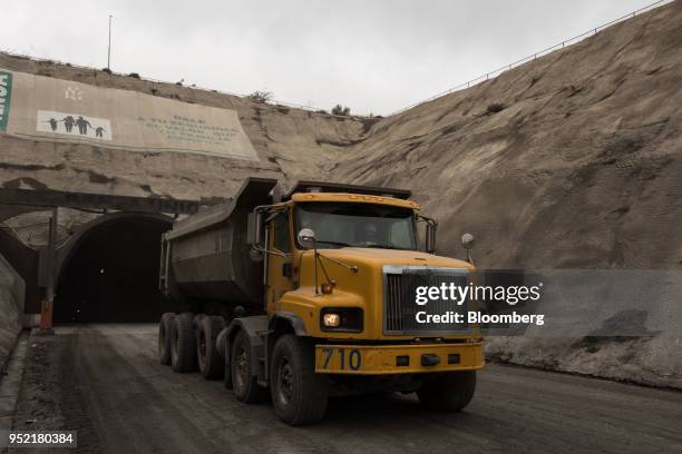 Truck carrying silver bearing ore exits the Negociacion Minera Santa Maria de la Paz y Anexas SA mine in the town of Villa de La Pas, Matehuala, San...