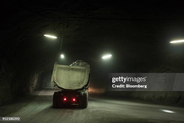 Truck carrying silver bearing ore drives through a tunnel at the Negociacion Minera Santa Maria de la Paz y Anexas SA in the town of Villa de La Pas,...