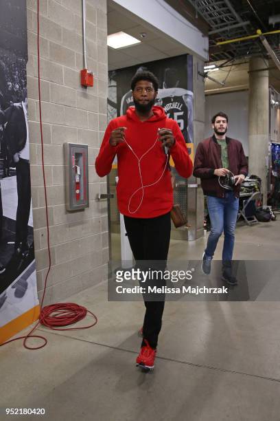 Paul George of the Oklahoma City Thunder arrives to the arena prior to Game Four of Round One of the 2018 NBA Playoffs against the Utah Jazz on April...