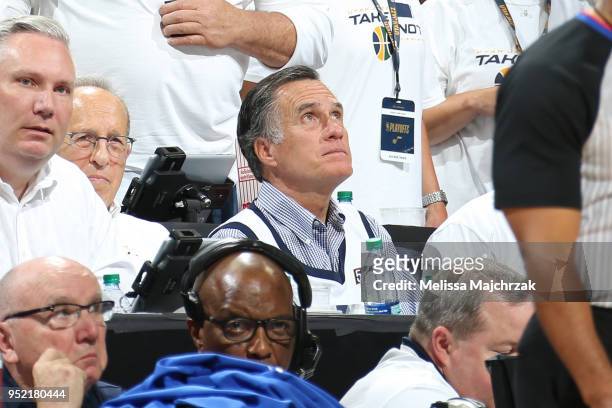 Mitt Romney enjoys the game between the Oklahoma City Thunder and Utah Jazz during Game Four of Round One of the 2018 NBA Playoffs on April 23, 2018...