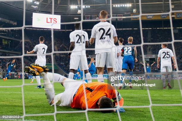 Goalkeeper Philipp Tschauner of Hannover shows his disappointment after the third goal during the Bundesliga match between TSG 1899 Hoffenheim and...