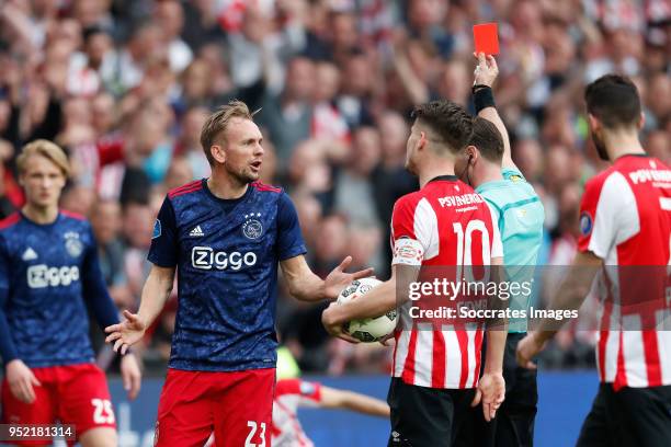 Siem de Jong of Ajax, Marco van Ginkel of PSV, referee Danny Makkelie during the Dutch Eredivisie match between PSV v Ajax at the Philips Stadium on...