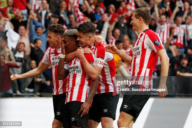 Santiago Arias of PSV, Steven Bergwijn of PSV, Marco van Ginkel of PSV, Daniel Schwaab of PSV during the Dutch Eredivisie match between PSV v Ajax at...