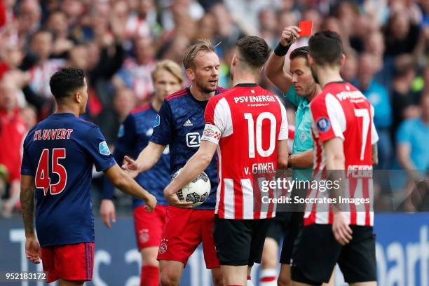 Siem de Jong of Ajax, Marco van Ginkel of PSV, referee Danny Makkelie during the Dutch Eredivisie match between PSV v Ajax at the Philips Stadium on...