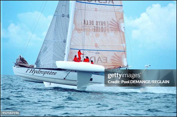 First test for the hydrofoil "L'Hydroptere" in La Trinite-sur-Mer.