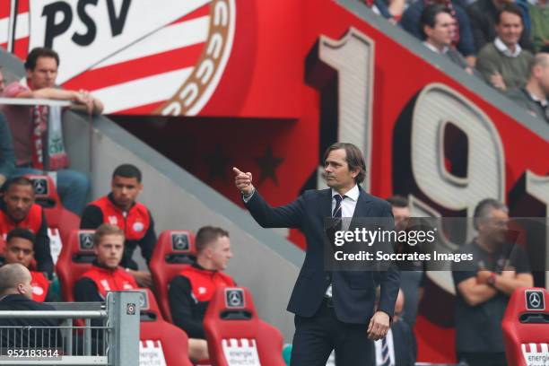 Coach Phillip Cocu of PSV during the Dutch Eredivisie match between PSV v Ajax at the Philips Stadium on April 15, 2018 in Eindhoven Netherlands