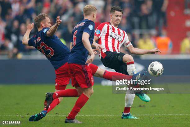 Siem de Jong of Ajax, Donny van de Beek of Ajax, Marco van Ginkel of PSV during the Dutch Eredivisie match between PSV v Ajax at the Philips Stadium...