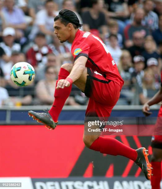 Karim Rekik of Hertha controls the ball during the Bundesliga match between Eintracht Frankfurt and Hertha BSC at Commerzbank-Arena on April 21, 2018...