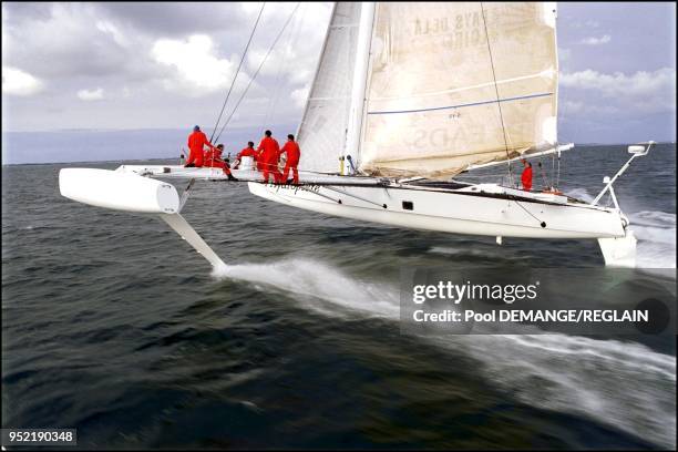 First test for the hydrofoil "L'Hydroptere" in La Trinite-sur-Mer.